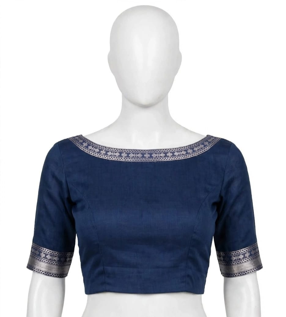Deep Navy Blue & Ivory Floral Cotton Silk Screen-Printed Saree with Unstitched Blouse Piece