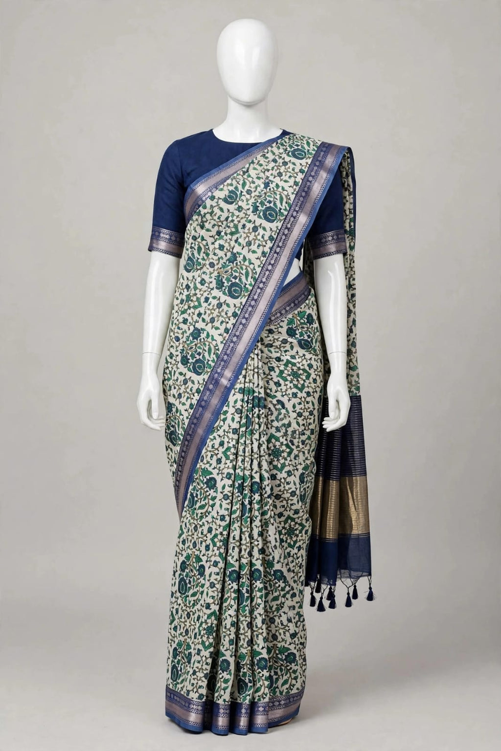 Deep Navy Blue & Ivory Floral Cotton Silk Screen-Printed Saree with Unstitched Blouse Piece