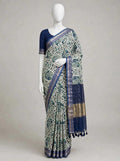 Deep Navy Blue & Ivory Floral Cotton Silk Screen-Printed Saree with Unstitched Blouse Piece