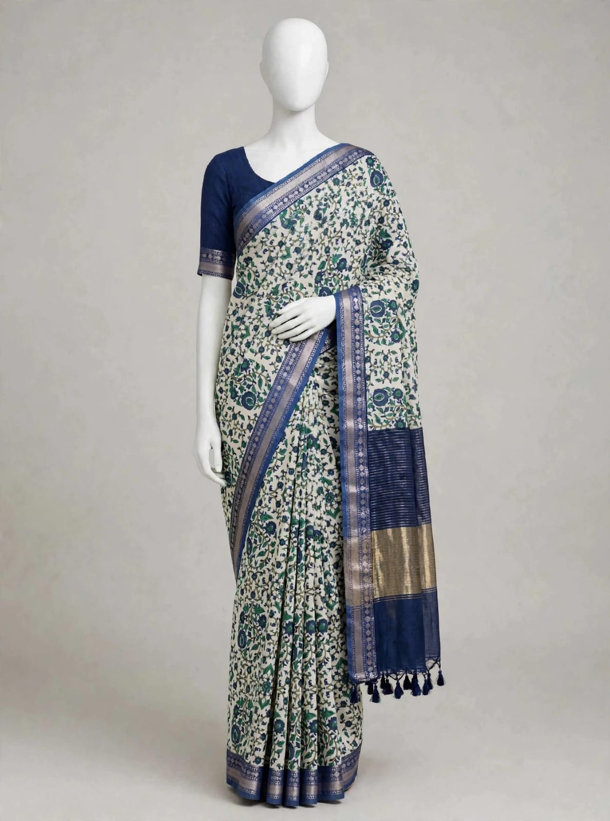 Deep Navy Blue & Ivory Floral Cotton Silk Screen-Printed Saree with Unstitched Blouse Piece