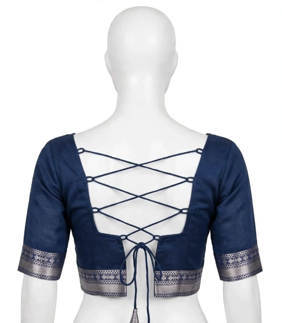 Deep Navy Blue & Ivory Floral Cotton Silk Screen-Printed Saree with Unstitched Blouse Piece