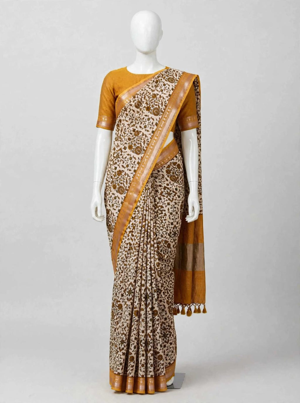 Golden Mustard & Ivory Floral Cotton Silk Screen-Printed Saree with Unstitched Blouse Piece