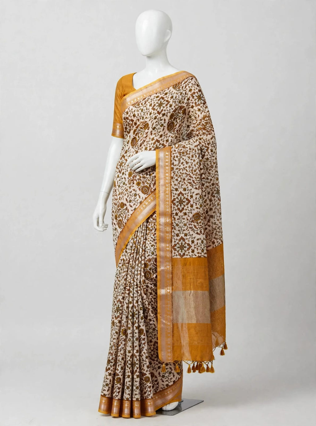 Golden Mustard & Ivory Floral Cotton Silk Screen-Printed Saree with Unstitched Blouse Piece