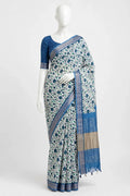 Royal Blue & Ivory Floral Cotton Silk Screen-Printed Saree with Unstitched Blouse Piece