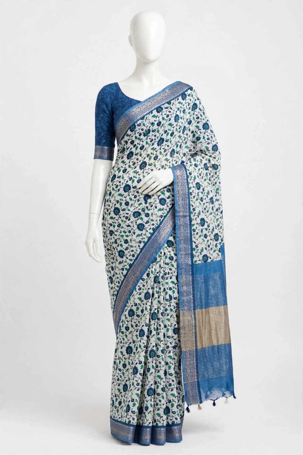 Royal Blue & Ivory Floral Cotton Silk Screen-Printed Saree with Unstitched Blouse Piece