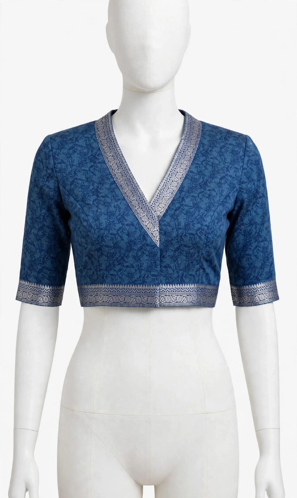 Royal Blue & Ivory Floral Cotton Silk Screen-Printed Saree with Unstitched Blouse Piece