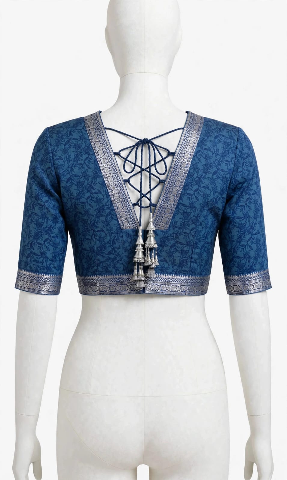 Royal Blue & Ivory Floral Cotton Silk Screen-Printed Saree with Unstitched Blouse Piece