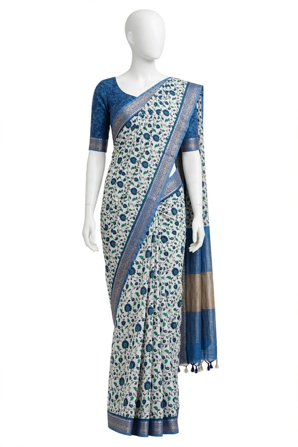 Royal Blue & Ivory Floral Cotton Silk Screen-Printed Saree with Unstitched Blouse Piece