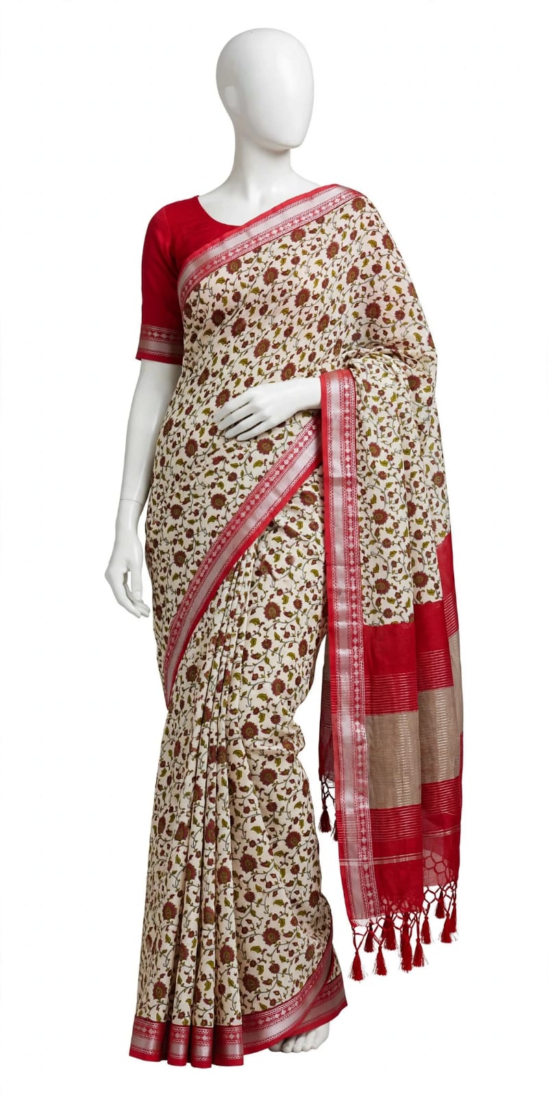 Crimson Red & Ivory Floral Cotton Silk Screen-Printed Saree with Unstitched Blouse Piece