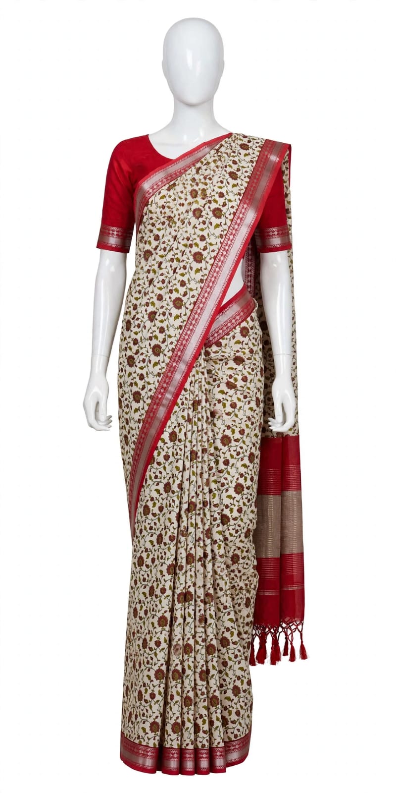 Crimson Red & Ivory Floral Cotton Silk Screen-Printed Saree with Unstitched Blouse Piece