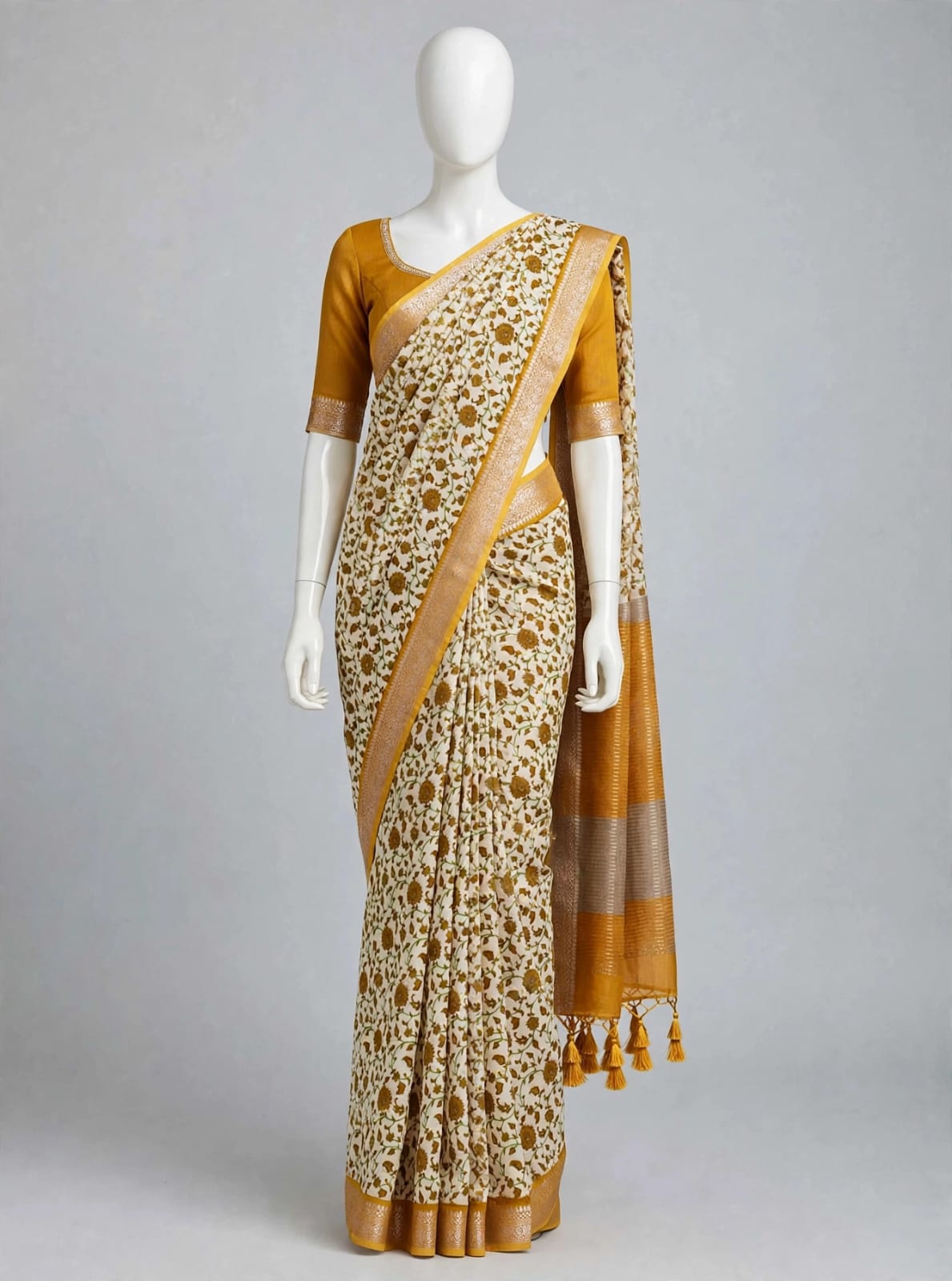 Earthy Mustard Floral Cotton Silk Screen-Printed Saree with Unstitched Blouse Piece