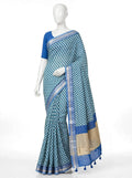 Royal Serenity Leaf-Print Cotton Silk Saree with Silver Zari Border & Matching Blouse