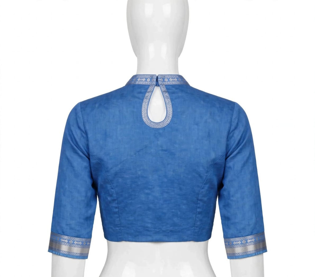 Royal Serenity Leaf-Print Cotton Silk Saree with Silver Zari Border & Matching Blouse