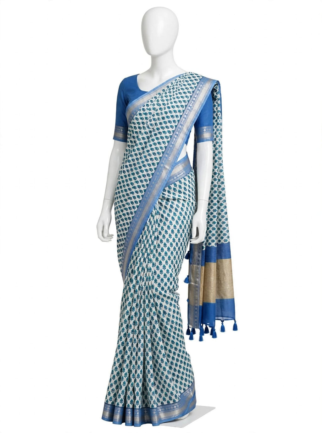 Royal Serenity Leaf-Print Cotton Silk Saree with Silver Zari Border & Matching Blouse