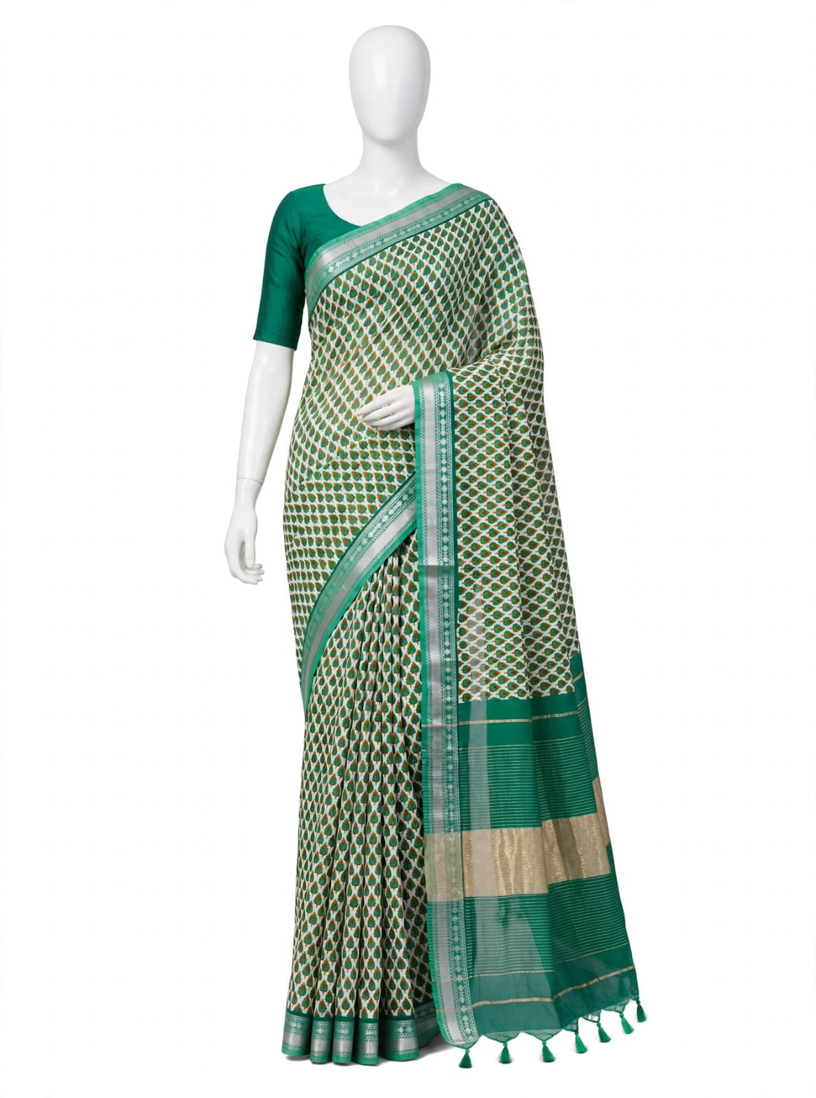 Verdant Charm Leaf-Print Cotton Silk Saree with Silver Zari Border & Matching Blouse