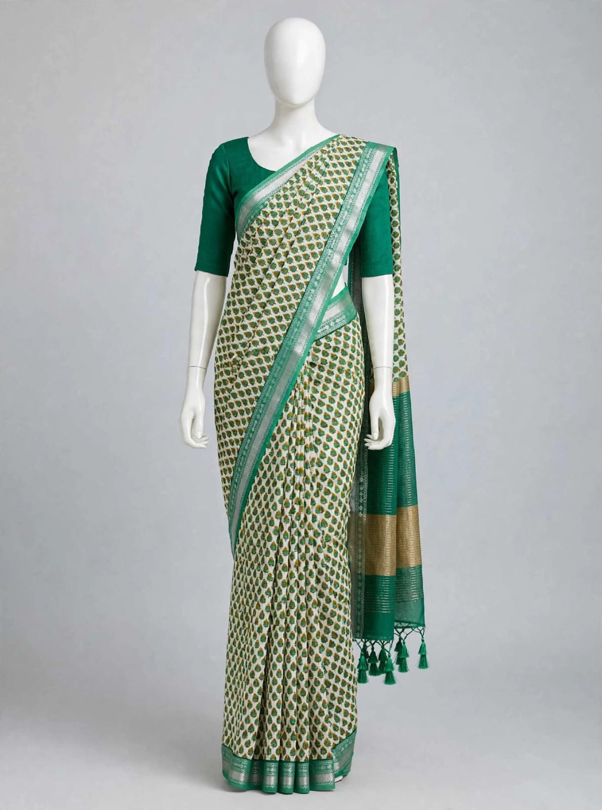 Verdant Charm Leaf-Print Cotton Silk Saree with Silver Zari Border & Matching Blouse