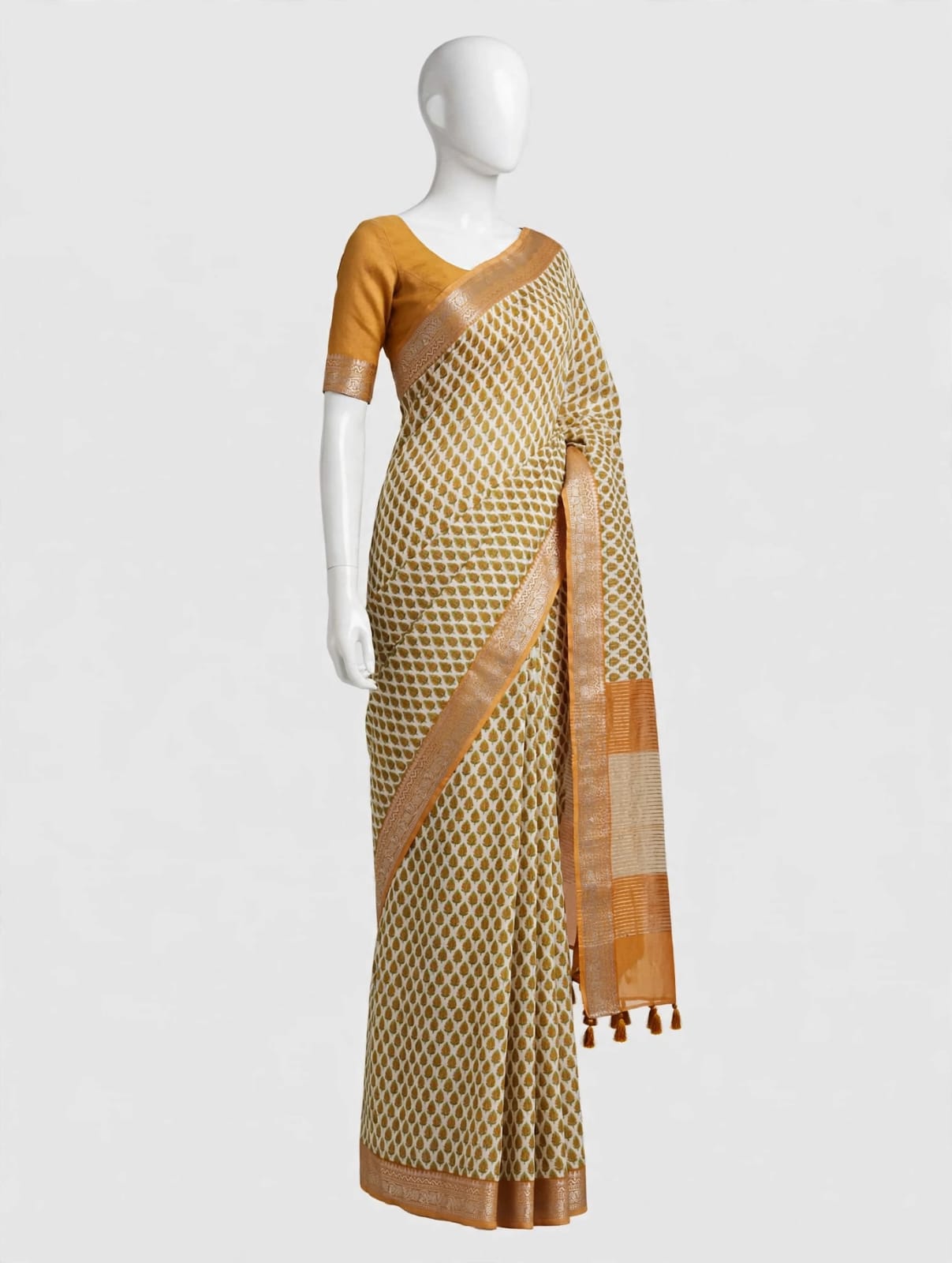 Subtle Charm Mustard Leaf-Print Cotton Silk Saree with Zari Border & Matching Blouse