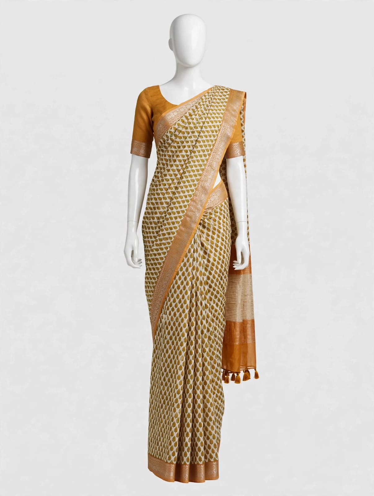Subtle Charm Mustard Leaf-Print Cotton Silk Saree with Zari Border & Matching Blouse