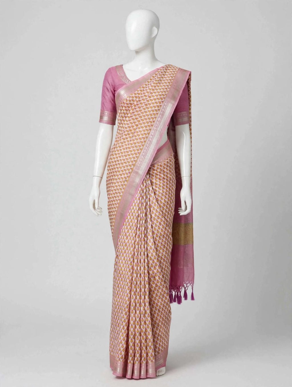 Graceful Rose Pink Cotton Silk Screen-Printed Saree with Zari Border & Matching Blouse