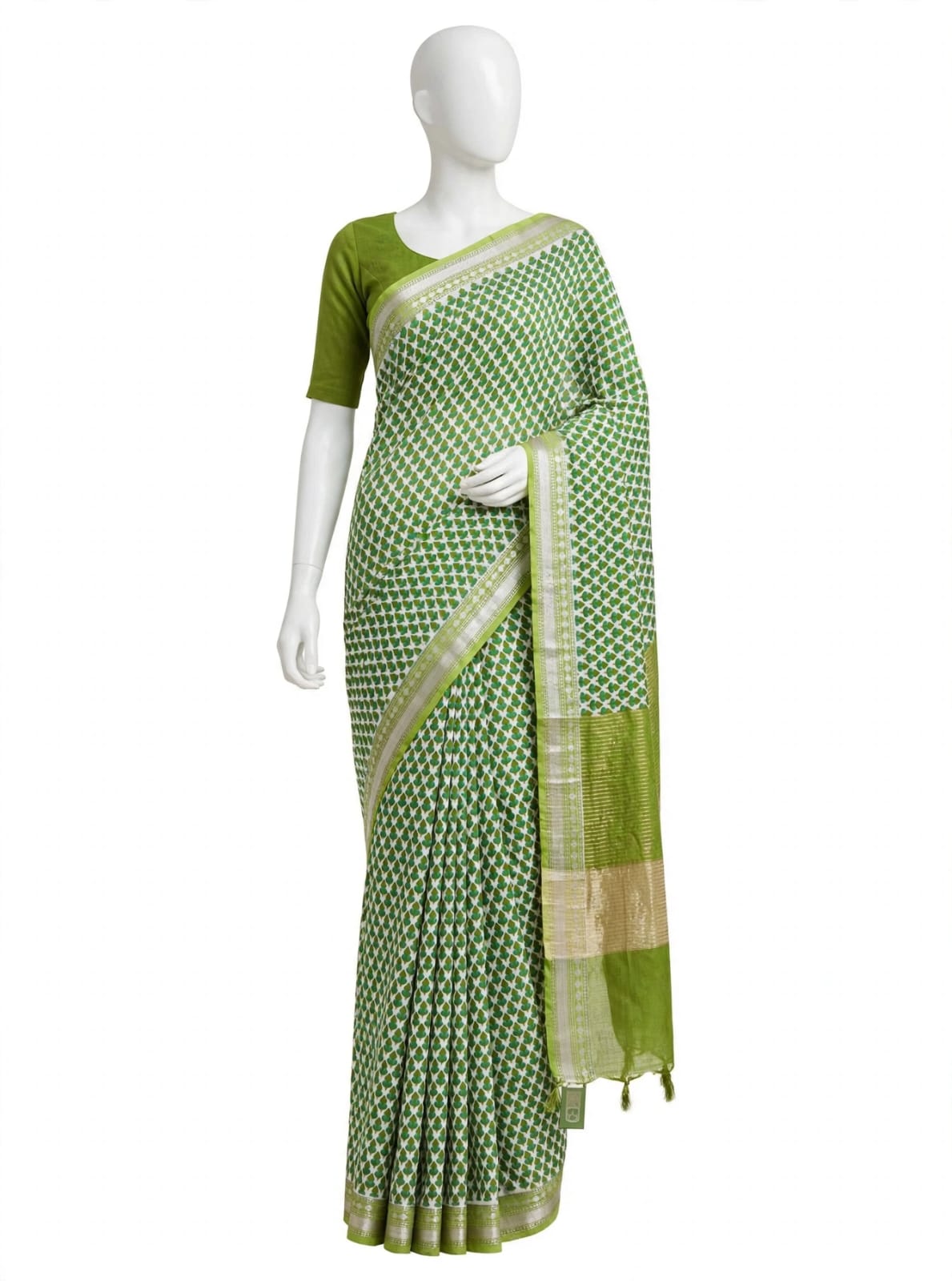 Botanical Elegance Olive Green Cotton Silk Screen-Printed Saree with Zari Border & Matching Blouse