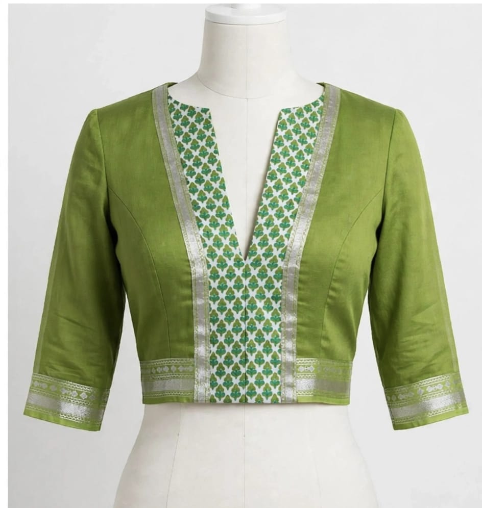 Botanical Elegance Olive Green Cotton Silk Screen-Printed Saree with Zari Border & Matching Blouse