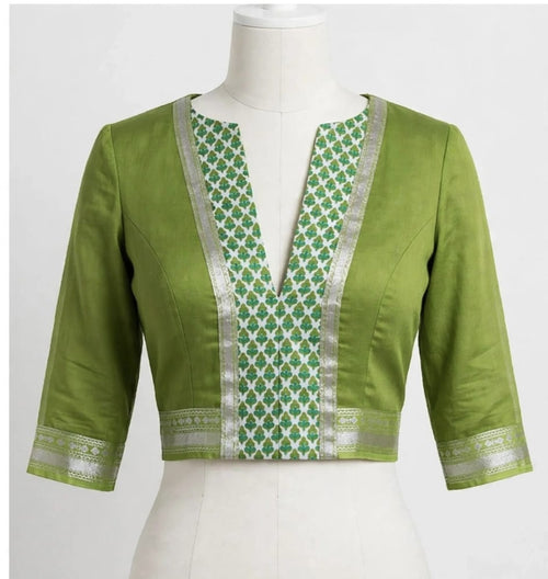 Botanical Elegance Olive Green Cotton Silk Screen-Printed Saree with Zari Border & Matching Blouse