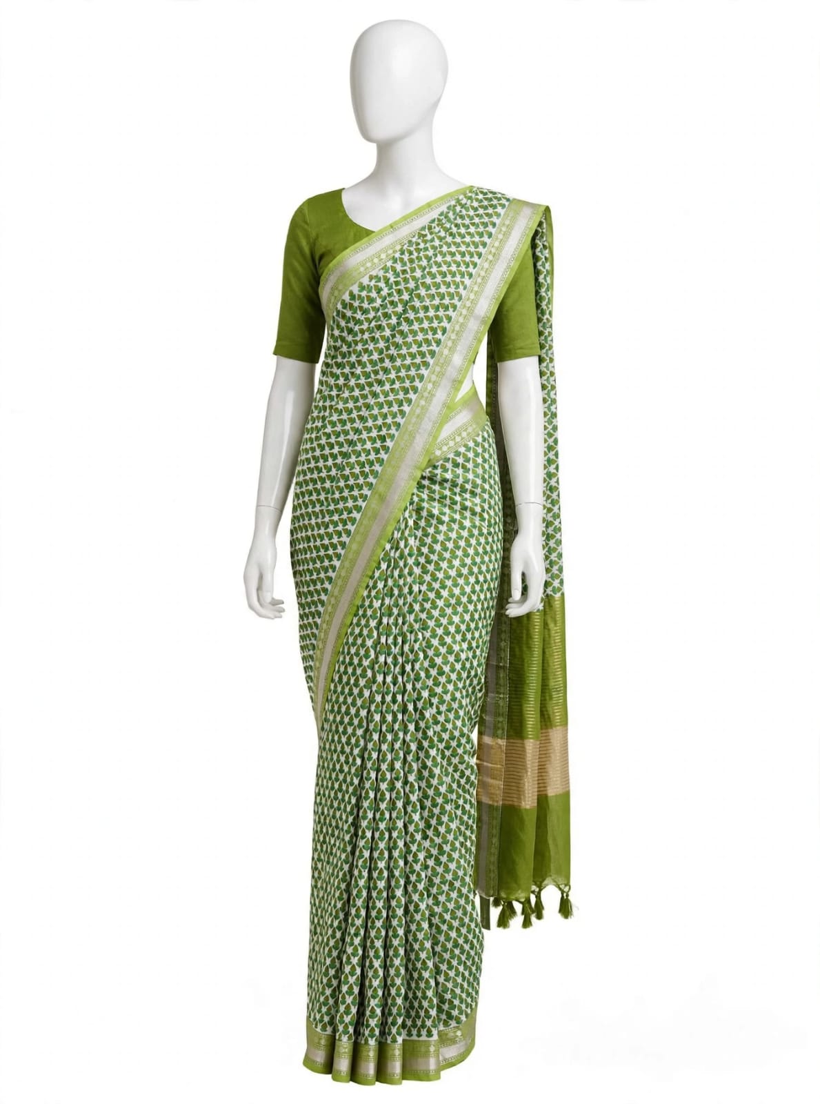 Botanical Elegance Olive Green Cotton Silk Screen-Printed Saree with Zari Border & Matching Blouse