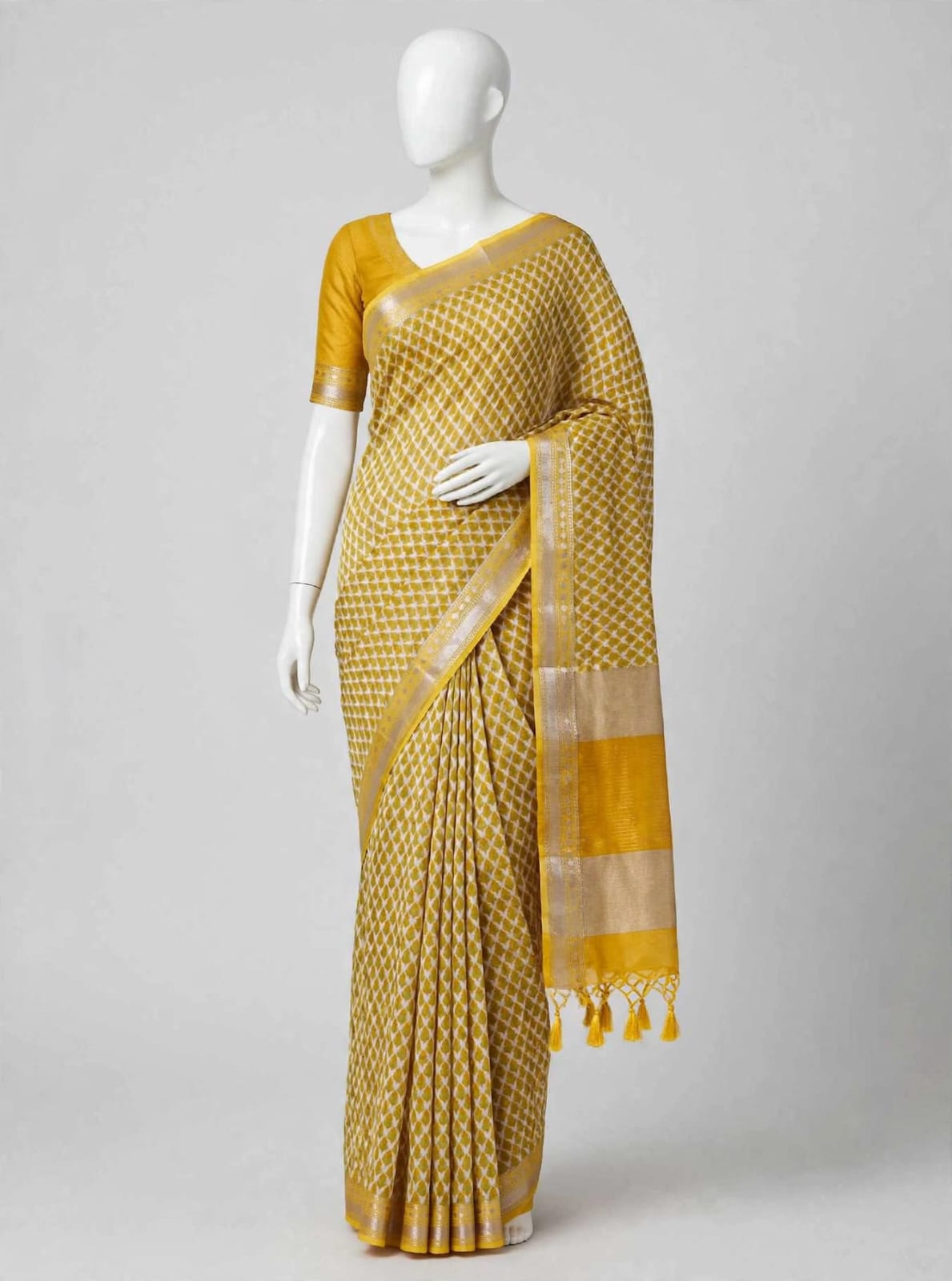 Radiant Mustard Cotton Silk Screen-Printed Saree with Zari Border & Matching Blouse