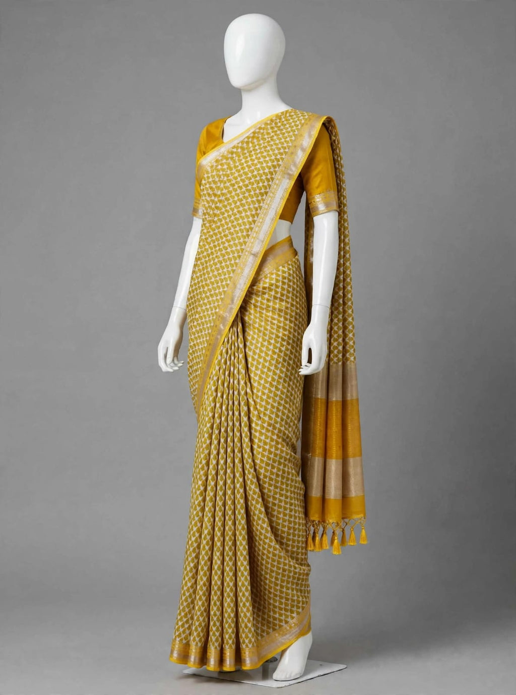 Radiant Mustard Cotton Silk Screen-Printed Saree with Zari Border & Matching Blouse