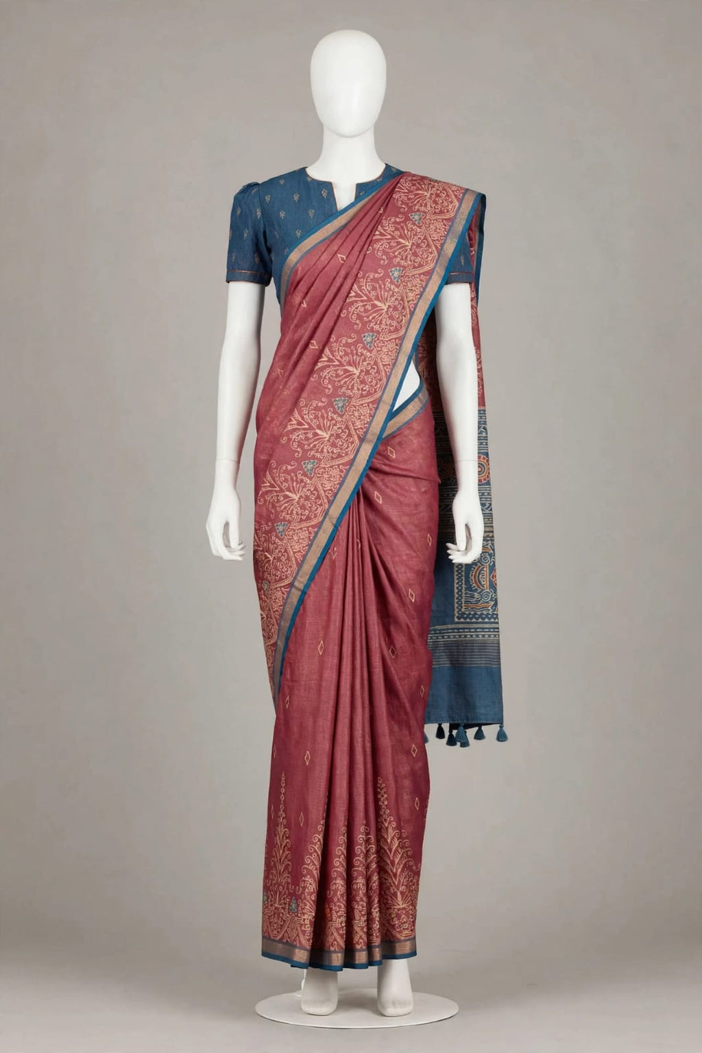 Dusty Rose and Teal Blue Cotton Silk Tissue Saree with Botanical Motifs and Tassels