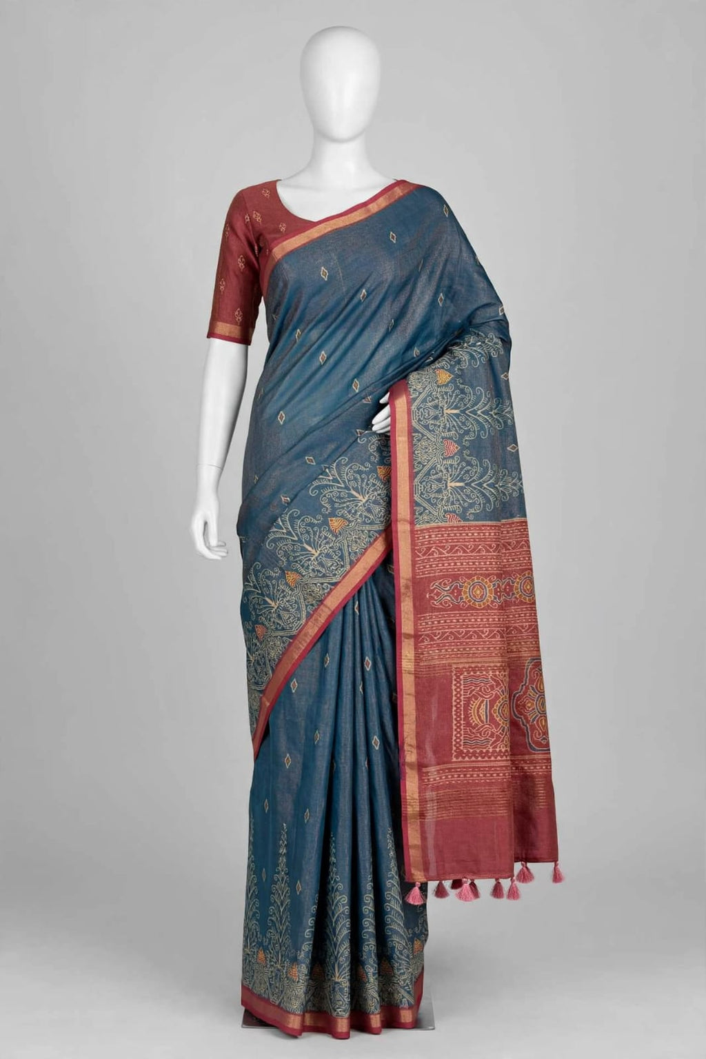 Steel Blue Cotton Silk Tissue Saree with Maroon Accents and Tassels