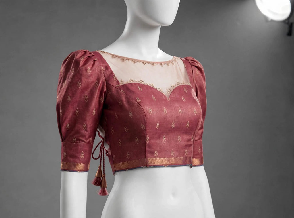 Steel Blue Cotton Silk Tissue Saree with Maroon Accents and Tassels