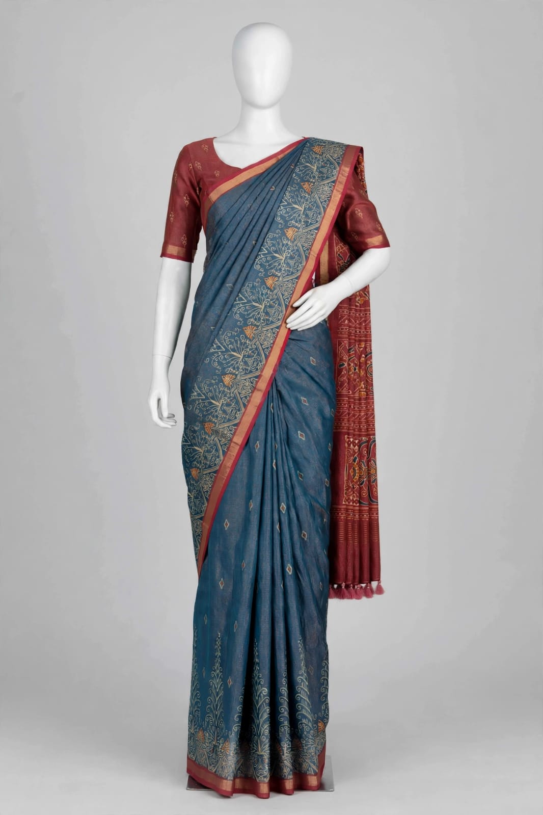 Steel Blue Cotton Silk Tissue Saree with Maroon Accents and Tassels