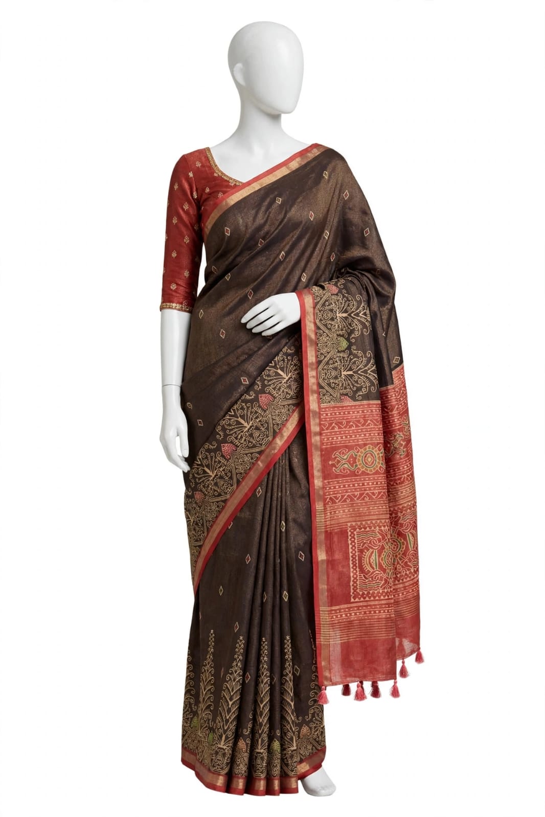 Deep Brown and Rust Red Cotton Silk Tissue Saree with Traditional Motifs and Tassels
