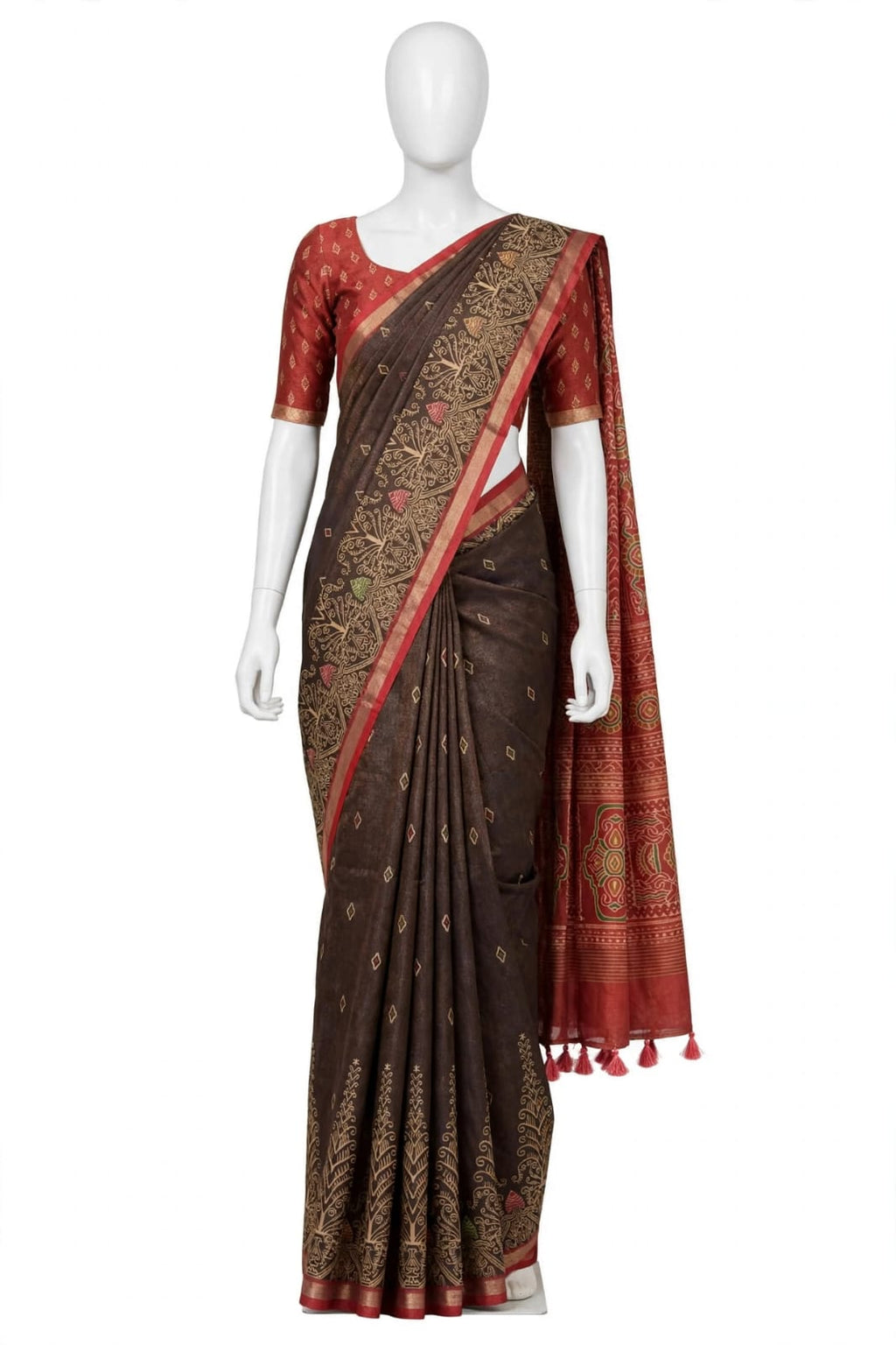 Deep Brown and Rust Red Cotton Silk Tissue Saree with Traditional Motifs and Tassels