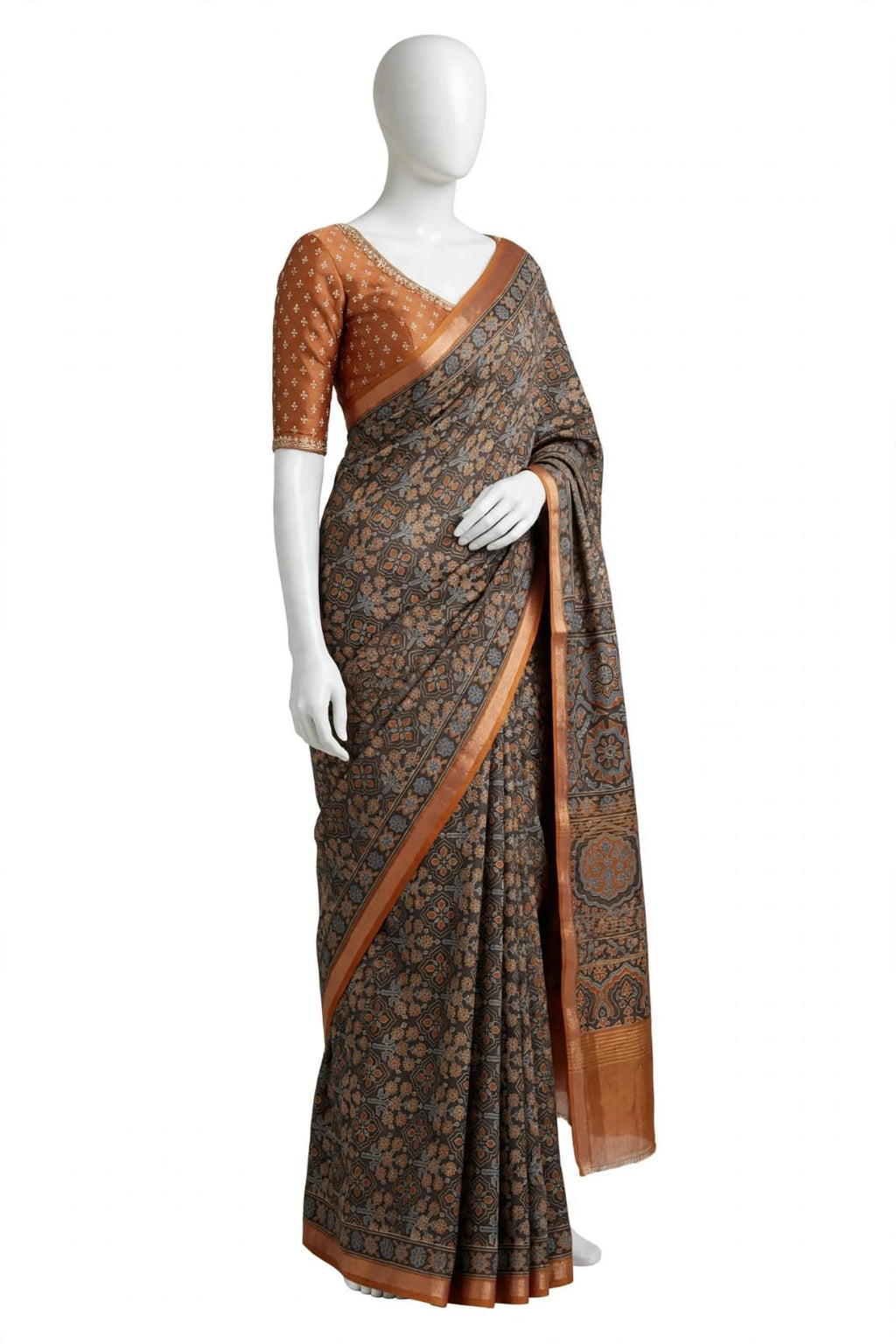 Charcoal Grey and Copper Brown Cotton Silk Tissue Saree with Traditional Motifs