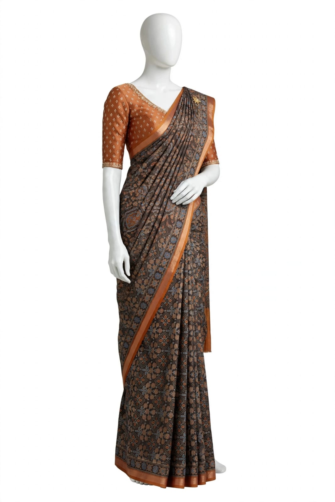 Charcoal Grey and Copper Brown Cotton Silk Tissue Saree with Traditional Motifs