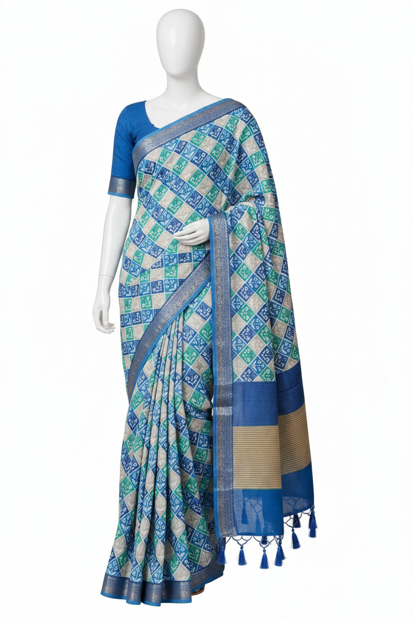 Royal Blue Cotton Silk Screen-Printed Saree with Jacquard Border
