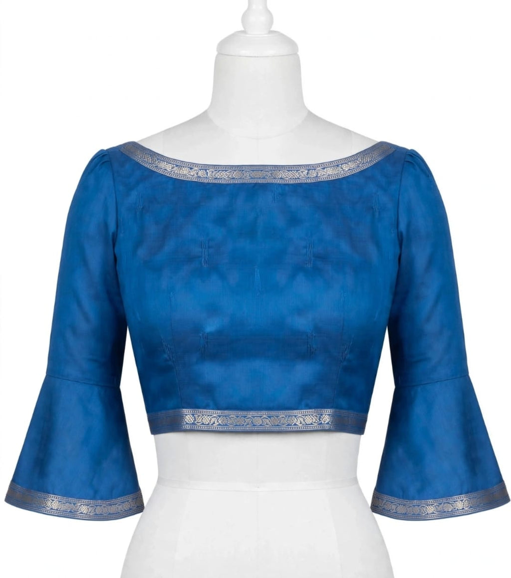 Royal Blue Cotton Silk Screen-Printed Saree with Jacquard Border