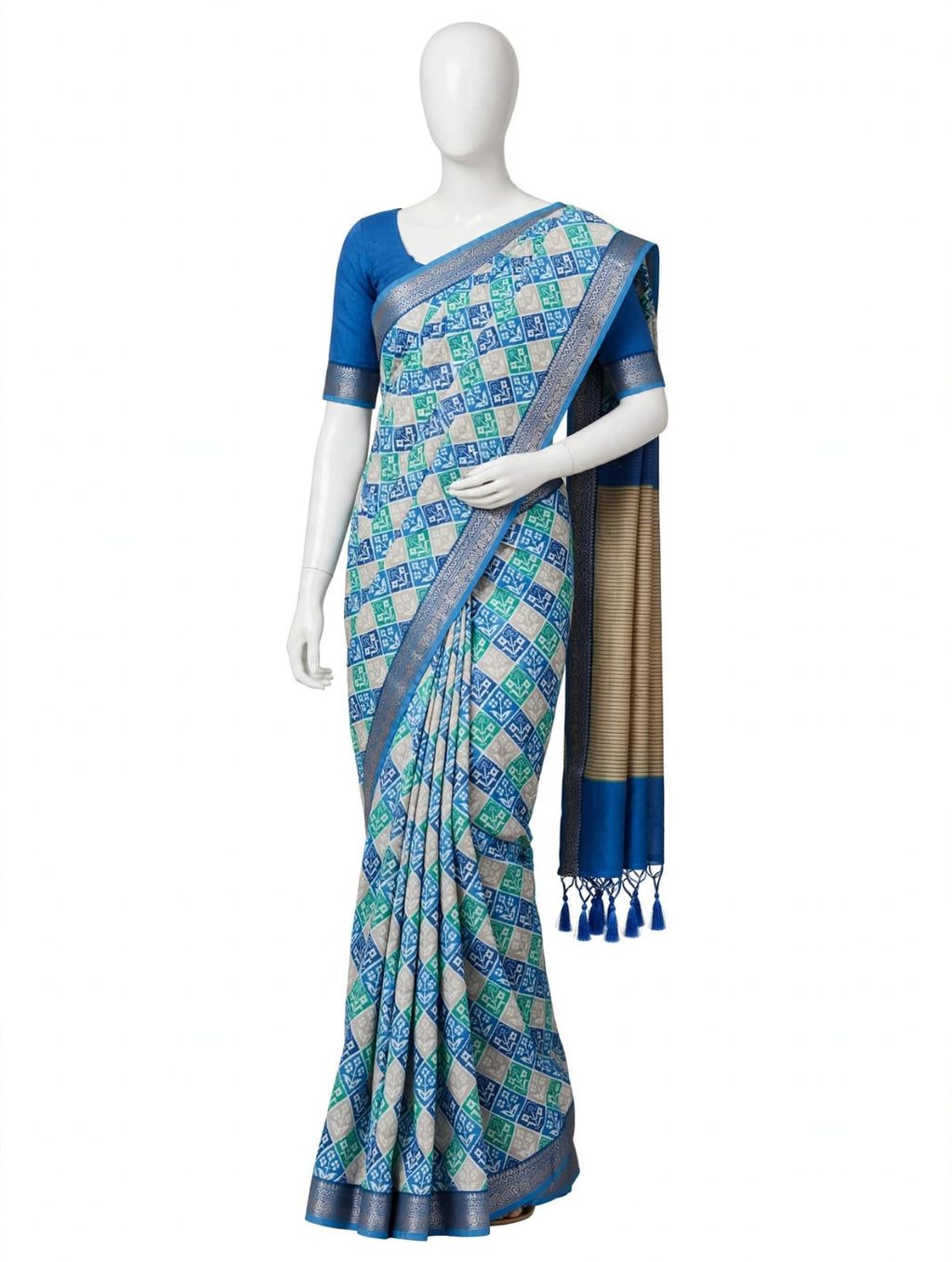 Royal Blue Cotton Silk Screen-Printed Saree with Jacquard Border