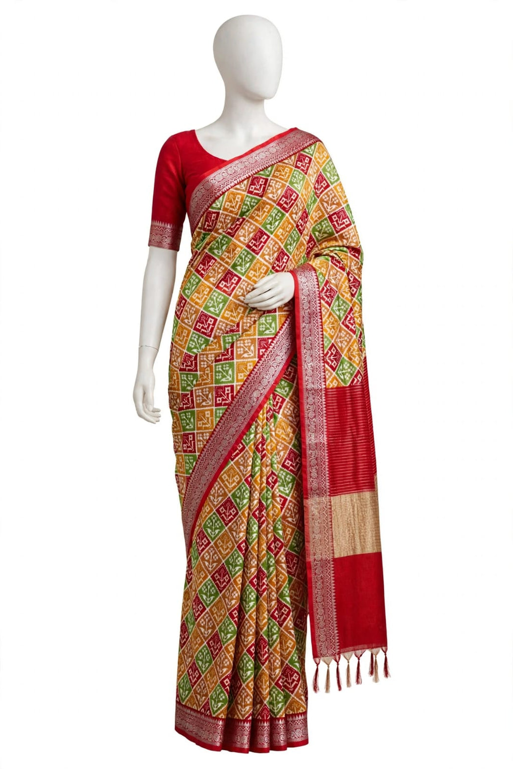Vibrant Red and Mustard Cotton Silk Screen-Printed Saree with Jacquard Border