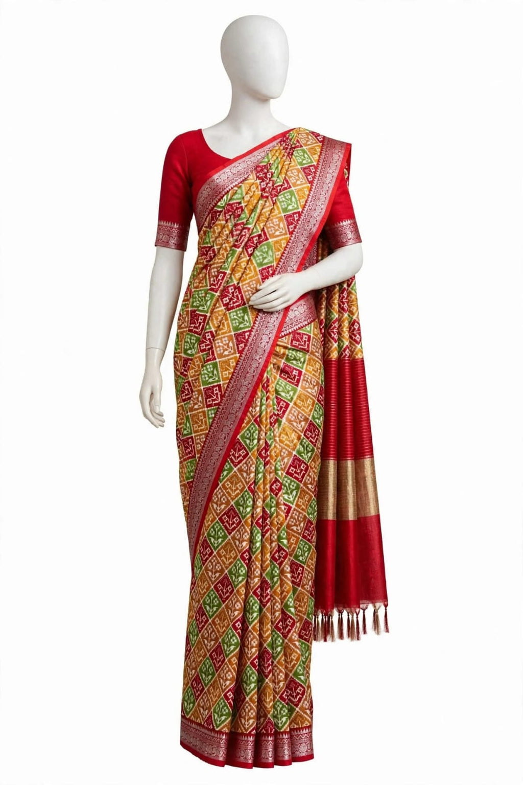 Vibrant Red and Mustard Cotton Silk Screen-Printed Saree with Jacquard Border