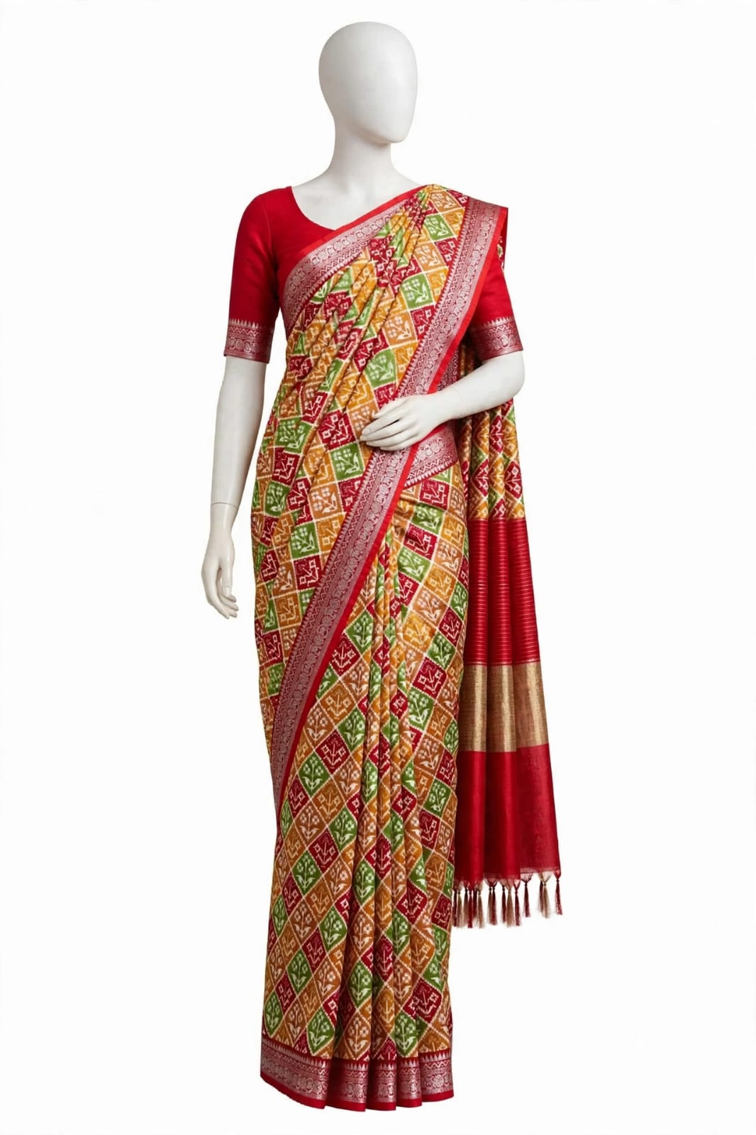 Vibrant Red and Mustard Cotton Silk Screen-Printed Saree with Jacquard Border