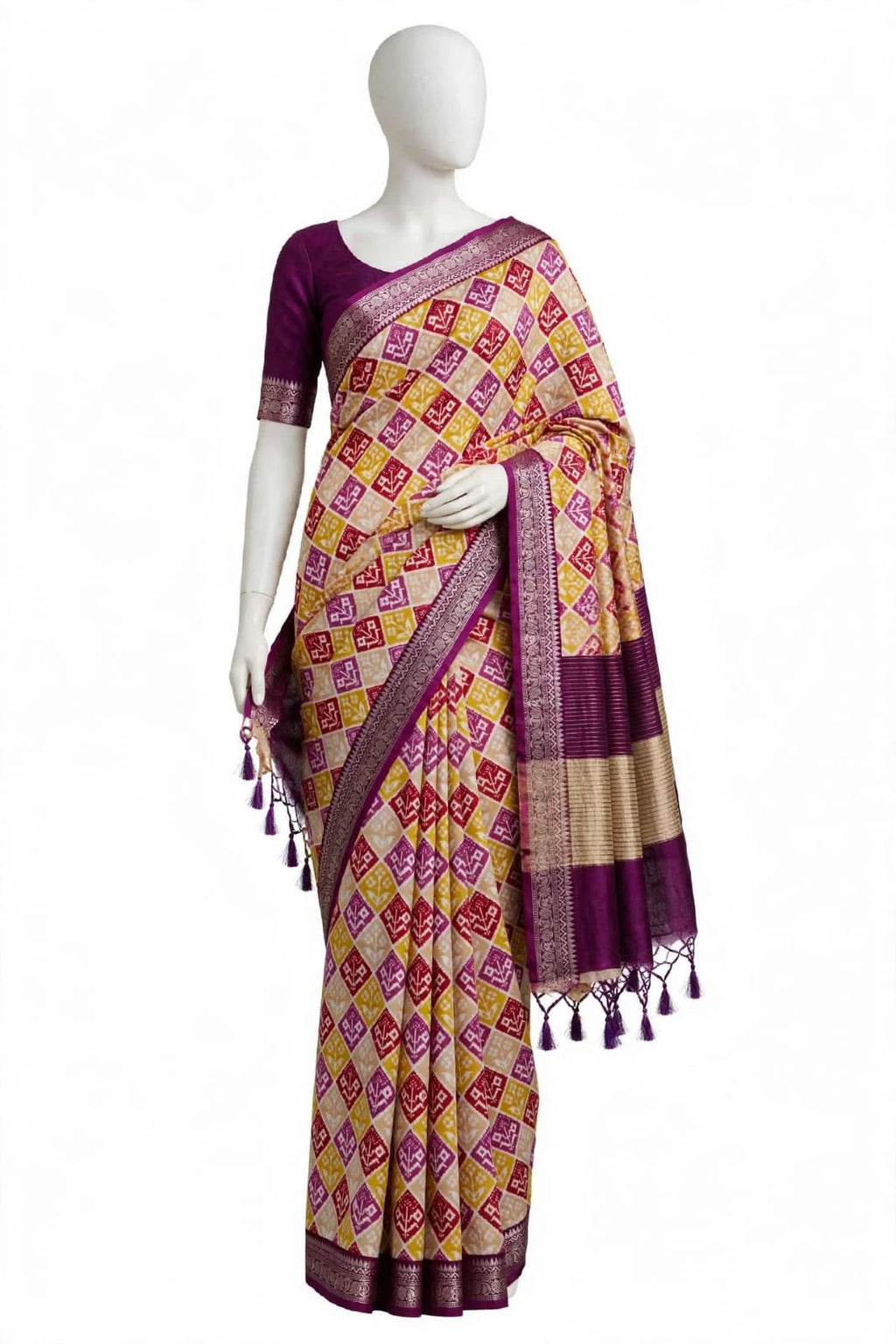 Rich Purple and Mustard Cotton Silk Screen-Printed Saree with Jacquard Border