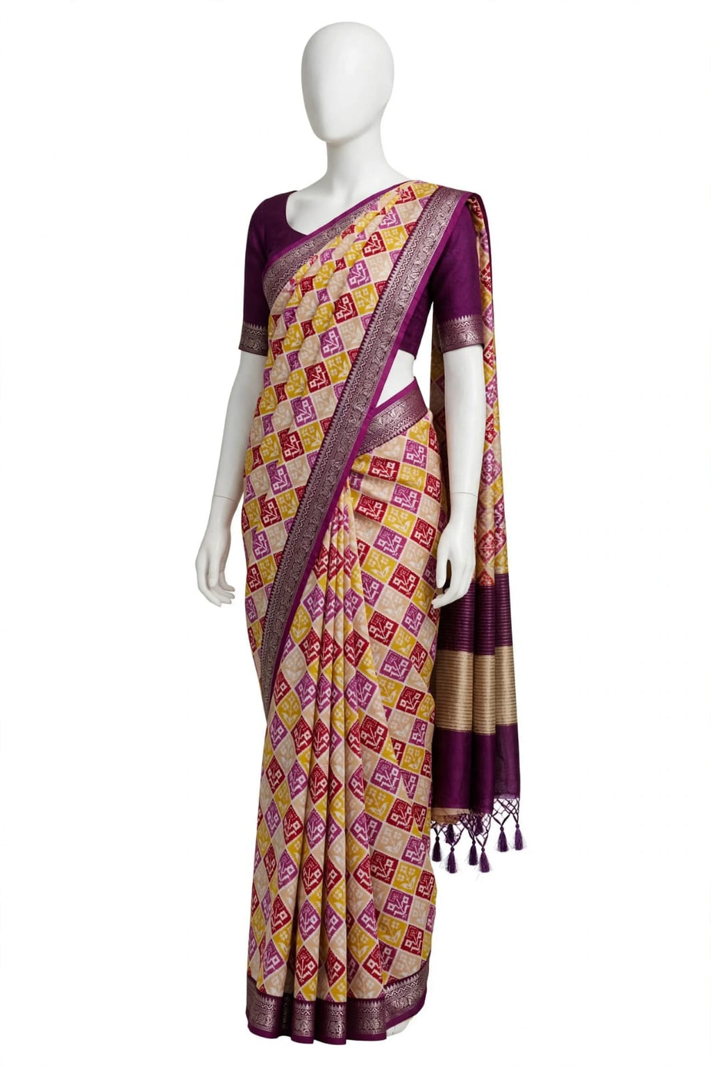 Rich Purple and Mustard Cotton Silk Screen-Printed Saree with Jacquard Border