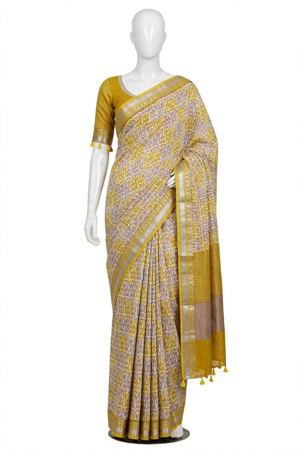 Radiant Mustard and Beige Cotton Silk Screen-Printed Saree with Jacquard Border