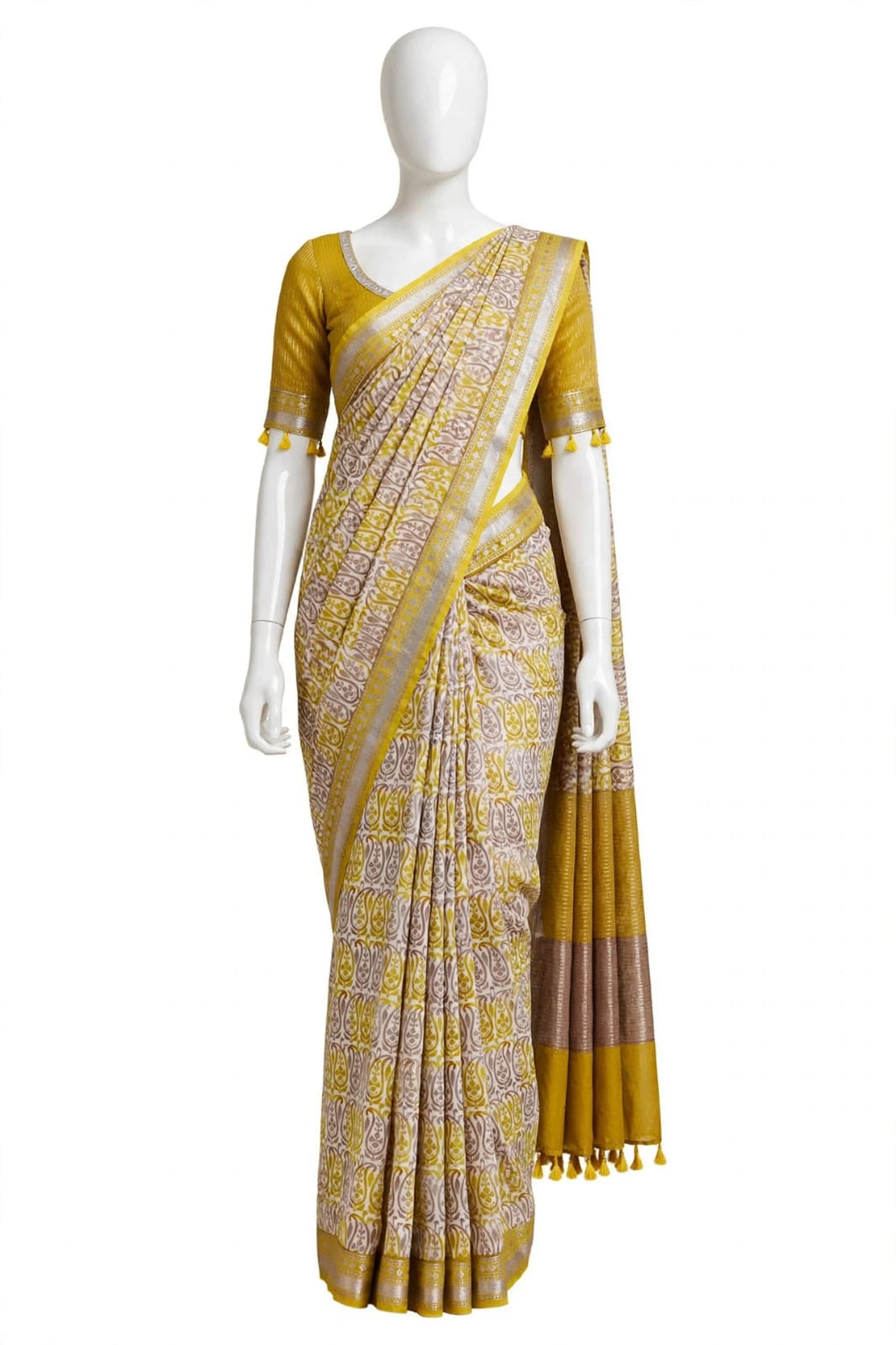 Radiant Mustard and Beige Cotton Silk Screen-Printed Saree with Jacquard Border