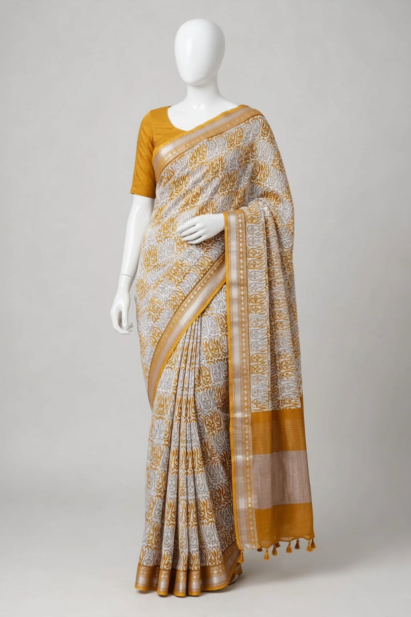 Classic Mustard and Grey Paisley Cotton Silk Screen-Printed Saree with Jacquard Border