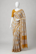 Classic Mustard and Grey Paisley Cotton Silk Screen-Printed Saree with Jacquard Border