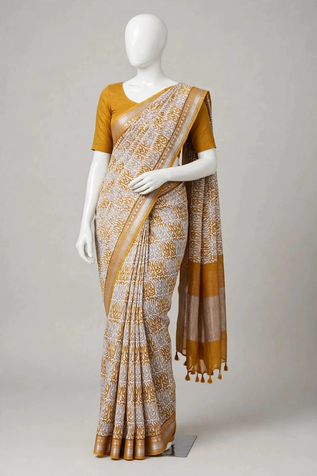 Classic Mustard and Grey Paisley Cotton Silk Screen-Printed Saree with Jacquard Border